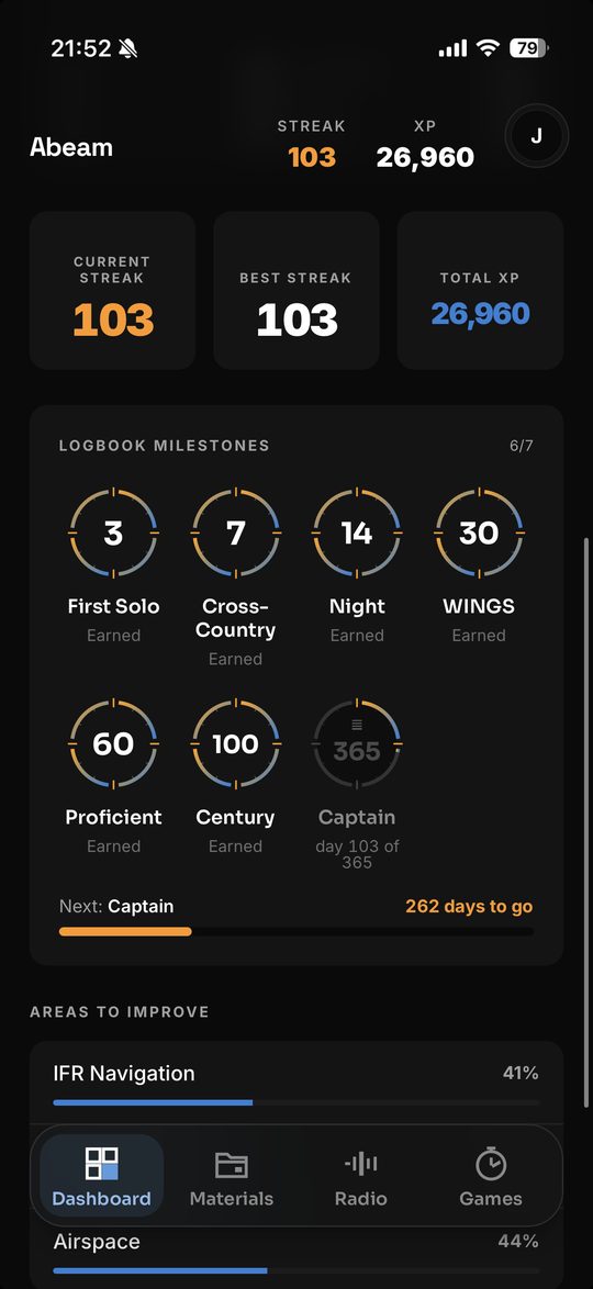 Logbook milestones: First Solo through Captain