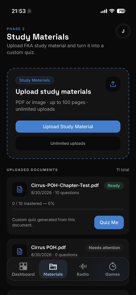 Study materials: upload a POH and get a custom quiz