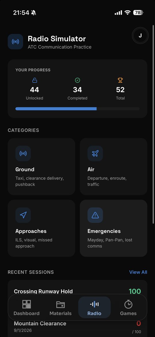 Radio simulator home: 44 unlocked, 34 completed, four categories