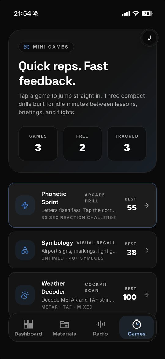 Mini games: Phonetic Sprint, Symbology, Weather Decoder