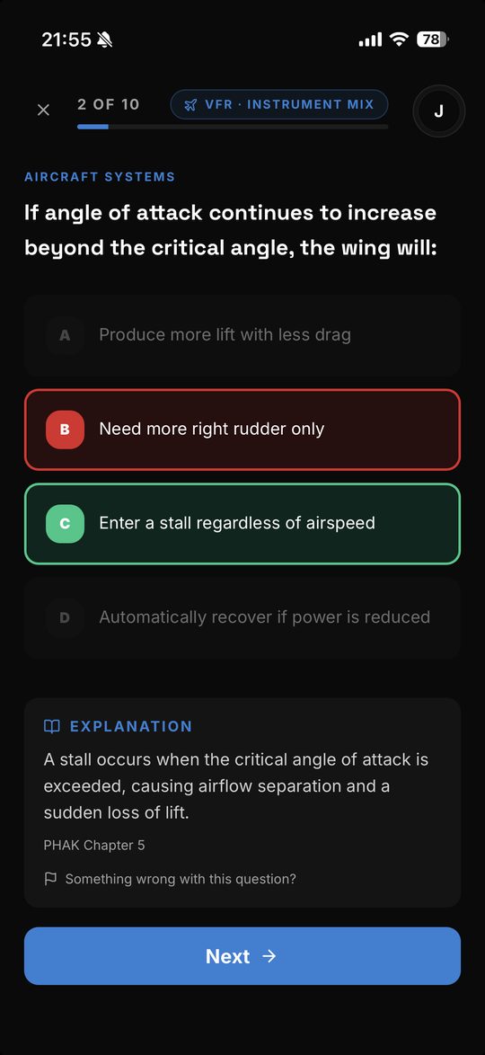 Quiz question on angle of attack with answer states